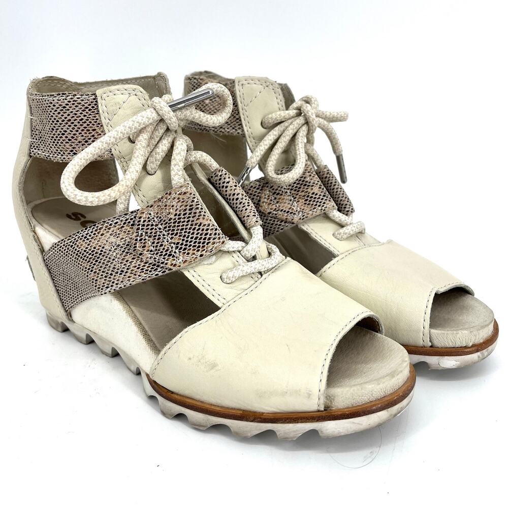 Sorel white/cream leather Joanie III lace wedge open toe sandals (7.5) snakeskin - Picture 3 of 9